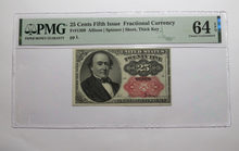 Load image into Gallery viewer, 1874 $.25 Fifth Issue Fractional Currency Obsolete Bank Note Bill 5th UNC64 PMG