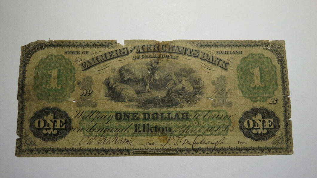 $1 1863 Elkton Maryland MD Obsolete Currency Bank Note Bill! Farmers & Merchants