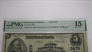 $5 1902 Hammond Indiana IN National Currency Bank Note Bill Ch. #3478 F15 PMG