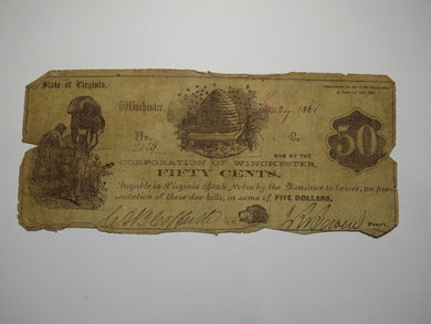 $.50 1861 Winchester Virginia VA Obsolete Currency Bank Note Bill Corp. of Win.