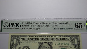 $1 2003 Radar Serial Number Federal Reserve Currency Bank Note Bill PMG UNC65EPQ