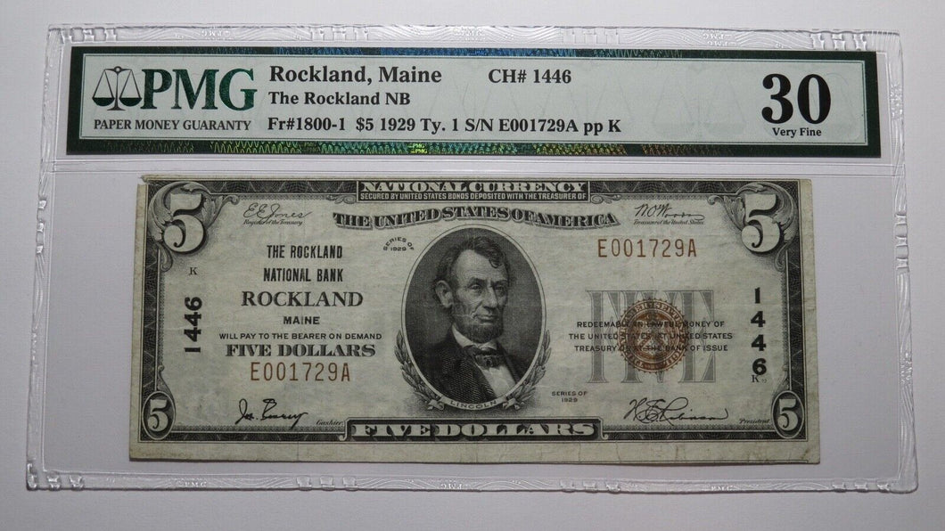 $5 1929 Rockland Maine ME National Currency Bank Note Bill Ch. #1446 VF30 PMG