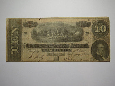 $10 1864 Richmond Virginia VA Confederate Currency Bank Note Bill RARE T68 VG