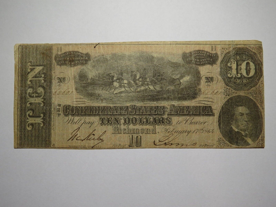 $10 1864 Richmond Virginia VA Confederate Currency Bank Note Bill RARE T68 VG