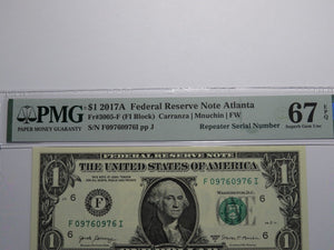 $1 2017 Repeater Serial Number Federal Reserve Currency Bank Note Bill PMG UNC67