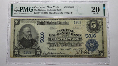 $5 1902 Castleton New York NY National Currency Bank Note Bill! #5816 VF20 PMG