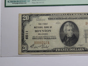 $20 1929 Boynton Oklahoma OK National Currency Bank Note Bill #6511 PCGS VF20