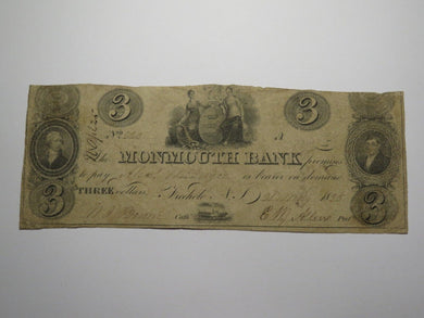 $3 1825 Freehold New Jersey Obsolete Currency Bank Note Bill Monmouth Bank RARE