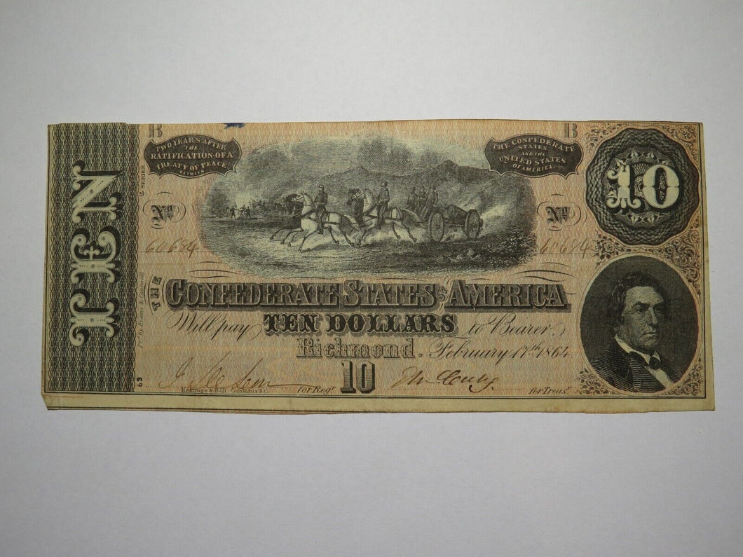 $10 1864 Richmond Virginia VA Confederate Currency Bank Note Bill RARE T68 VF