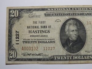 $20 1929 Hastings Pennsylvania PA National Currency Bank Note Bill #11227 FINE