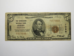 $5 1929 Derby Connecticut National Currency Bank Note Bill Ch. #1098 Birmingham