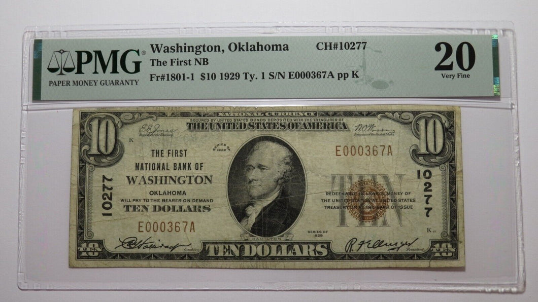 $10 1929 Washington Oklahoma OK National Currency Bank Note Bill #10277 VF20 PMG