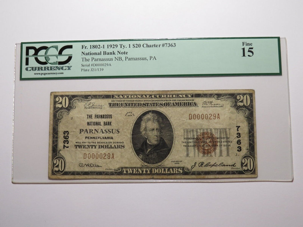 $20 1929 Parnassus Pennsylvania National Currency Bank Note Bill Ch. #7363 PCGS