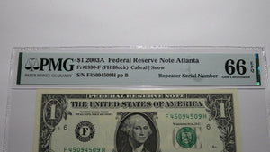 $1 2003A Repeater Serial Number Federal Reserve Currency Bank Note Bill UNC66EPQ