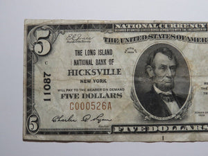 $5 1929 Hicksville New York NY National Currency Bank Note Bill Ch. #11087 RARE!