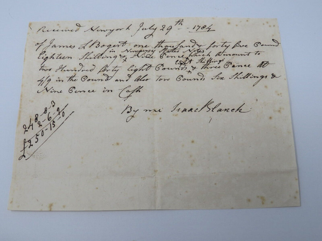 1784 Payment Certificate to James Bogart of New York Colonial Currency Note USA