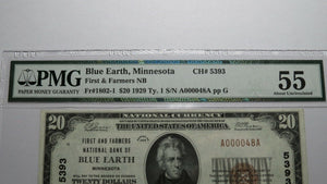 $20 1929 Blue Earth Minnesota MN National Currency Bank Note Bill #5393 AU55 PMG