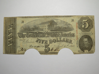 $5 1863 Richmond Virginia VA Confederate Currency Bank Note Bill RARE T60!