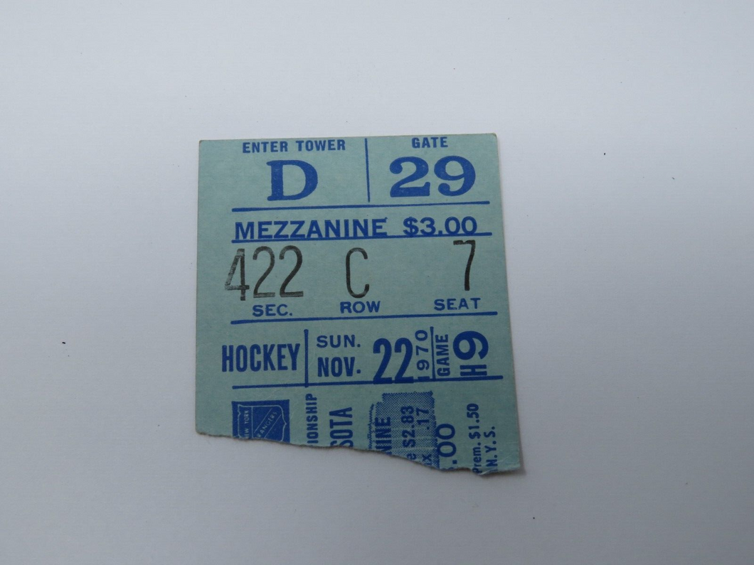 November 22, 1970 New York Rangers Minnesota North Stars NHL Hockey Ticket Stub