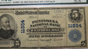 $5 1902 Cedarhurst New York NY National Currency Bank Note Bill Ch. #11854 PMG