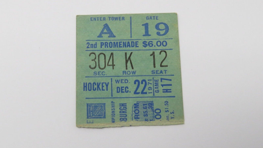 December 22, 1971 New York Rangers Vs Pittsburgh Penguins NHL Hockey Ticket Stub