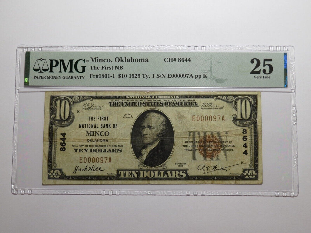 $10 1929 Minco Oklahoma OK National Currency Bank Note Bill Ch.#8644 VF25 PMG