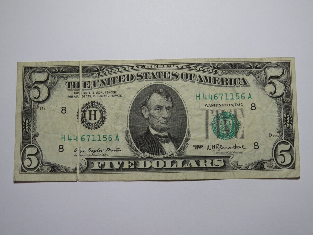 $5 1977 Gutter Fold Error Federal Reserve Bank Note Currency Bill FINE+