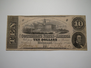 $10 1862 Richmond Virginia VA Confederate Currency Bank Note Bill RARE T52 Good