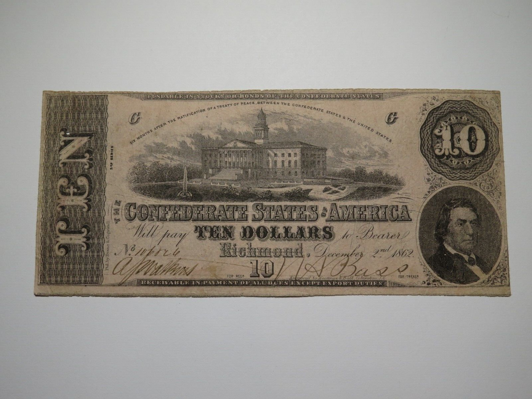 $10 1862 Richmond Virginia VA Confederate Currency Bank Note Bill RARE T52 Good