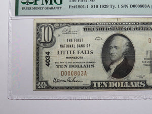 $10 1929 Little Falls Minnesota National Currency Bank Note Bill #4034 VF25EPQ