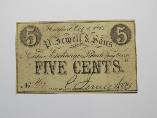 $.05 1862 Hartford Connecticut CT Obsolete Currency Note Bill P. Jewell & Sons