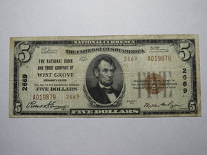 $5 1929 West Grove Pennsylvania PA National Currency Bank Note Bill Ch. #2669 VF