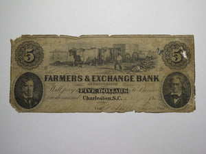 $5 1853 Charleston South Carolina Obsolete Currency Bank Note Farmers Exchange