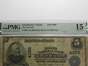 $5 1902 Grandview Texas TX National Currency Bank Note Bill Ch. #4389 F15 PMG