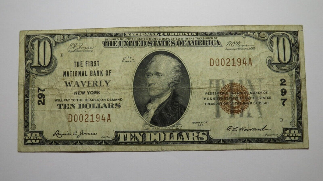 $10 1929 Waverly New York NY National Currency Bank Note Bill Charter #297 Fine