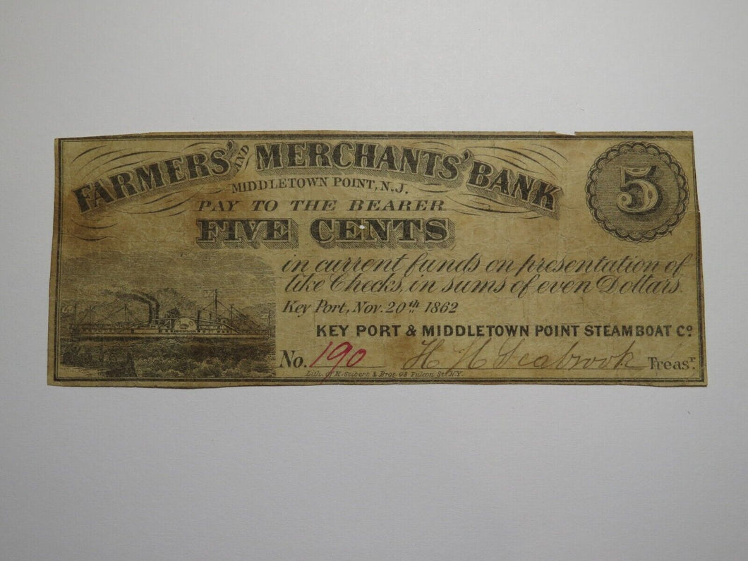 $.05 1862 Middletown Point New Jersey Obsolete Currency Bank Note Bill Keyport