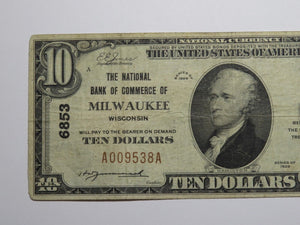 $10 1929 Milwaukee Wisconsin WI National Currency Bank Note Bill Ch. #6853 FINE+