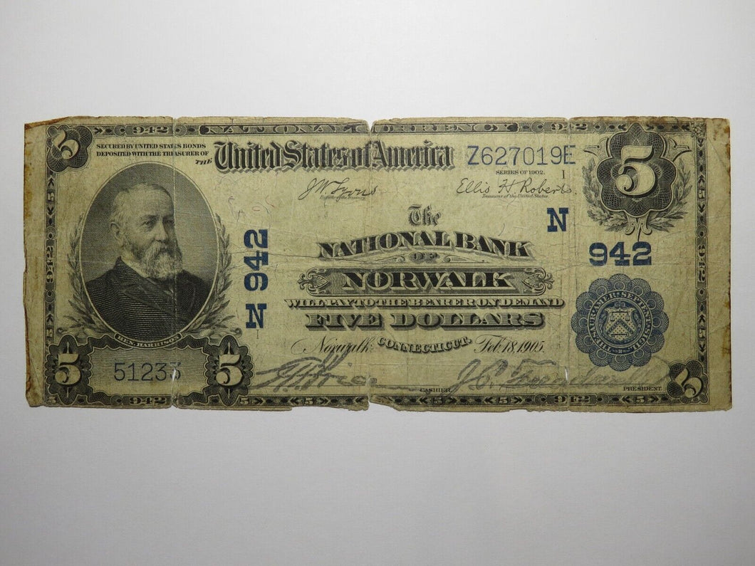 $5 1902 Norwalk Connecticut CT National Currency Bank Note Bill Ch. #942 RARE