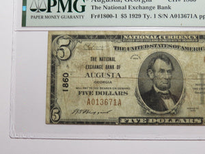 $5 1929 Augusta Georgia GA National Currency Bank Note Bill Ch. #1860 F15 PMG