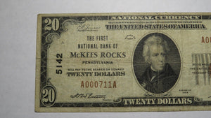 $20 1929 McKees Rocks Pennsylvania PA National Currency Bank Note Bill 5142 Fine