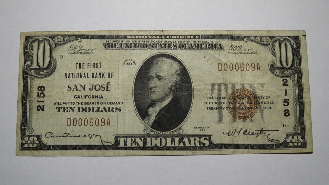 $10 1929 San Jose California CA National Currency Bank Note Bill Ch. #2158 FINE+