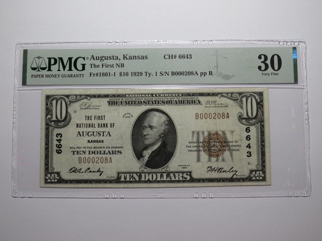 $10 1929 Augusta Kansas KS National Currency Bank Note Bill Ch. #6643 PMG VF30