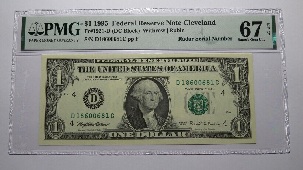 $1 1995 Radar Serial Number Federal Reserve Currency Bank Note Bill PMG UNC67EPQ