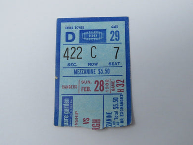 February 28, 1982 New York Rangers Vs Pittsburgh Penguins NHL Hockey Ticket Stub