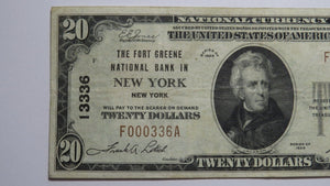 $20 1929 New York City NY National Currency Bank Note Bill Ch #13336 Fort Greene