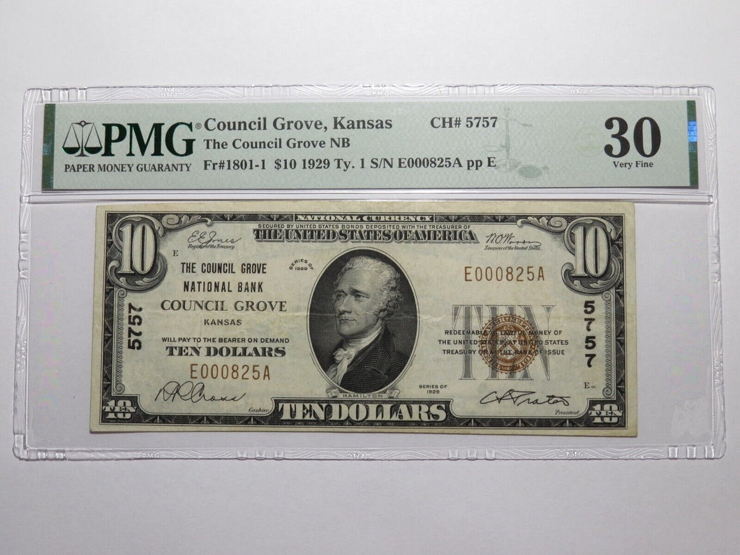 $10 1929 Council Grove Kansas KS National Currency Bank Note Bill Ch. #5757 VF30