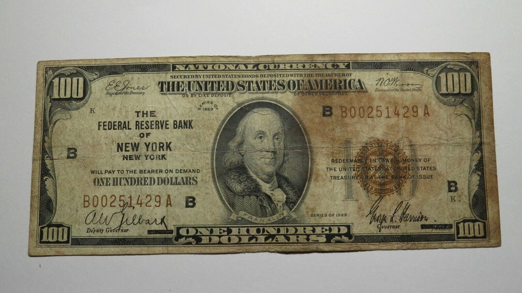 $100 1929 New York New York National Currency Note Federal Reserve Bank Bill!