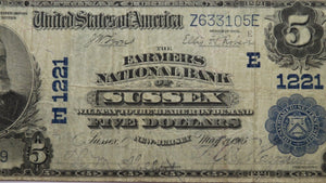 $5 1902 Sussex New Jersey NJ National Currency Bank Note Bill Ch. #1221 VF20 PMG