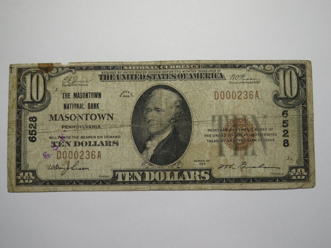 $10 1929 Masontown Pennsylvania National Currency Bank Note Bill Ch #6528 RARE!