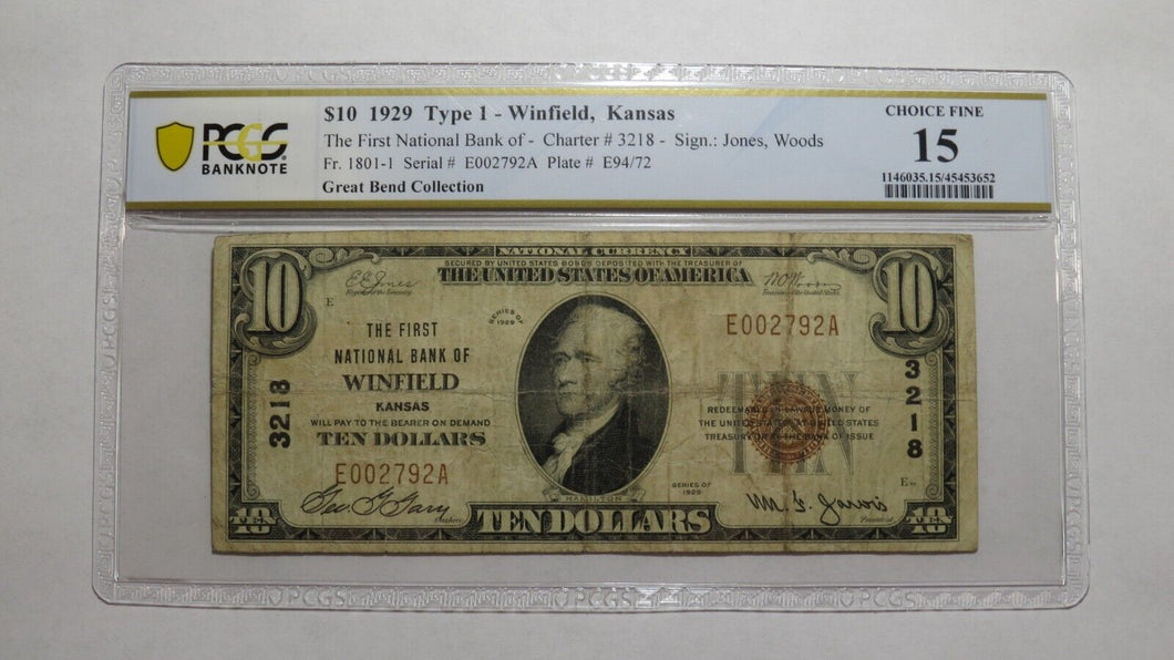 $10 1929 Winfield Kansas KS National Currency Bank Note Bill Ch. #3218 F15 PCGS